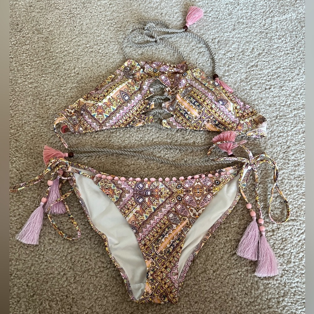 Victoria Secret paisley halter bikini with fringe straps